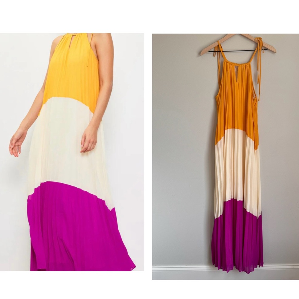 Skies Are Blue Colorblock Halter Maxi Dress in Mustard, Cream & Magenta